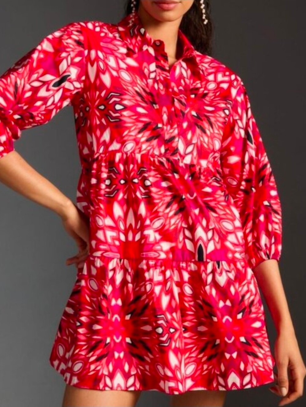 Maeve Anthropologie Bettina Tiered Shirt Dress Womens LARGE Red Pink Floral - Picture 3 of 11